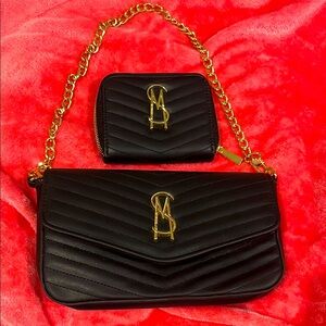 Black Quilted Bag Set with Gold Chain